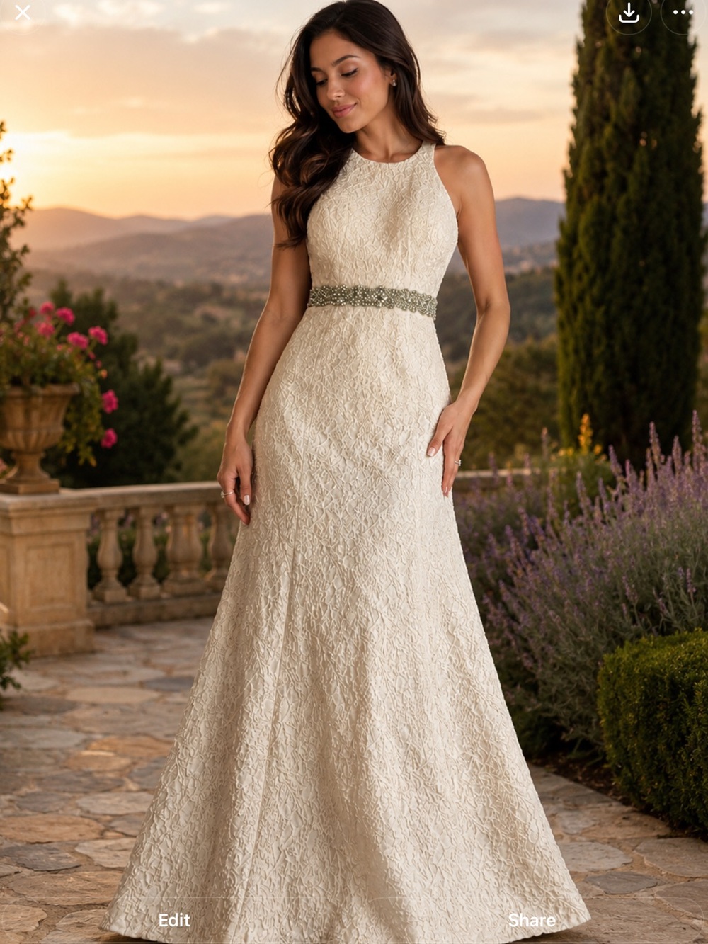 Cachet Ivory pink Lace Halter Wedding Gown with Beaded Waist